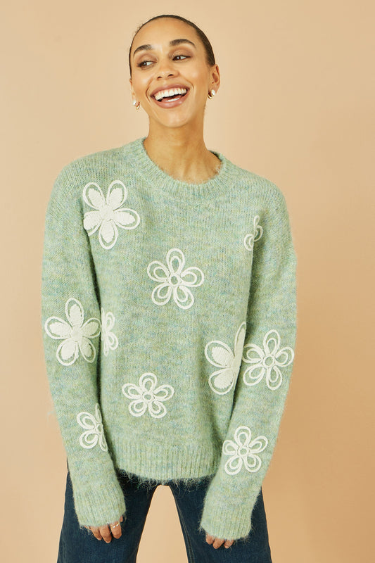 Yumi Green Relaxed Knitted Jumper With Crochet Flowers