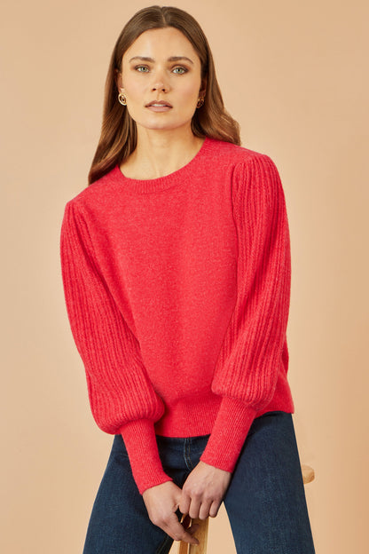 Yumi Red Knitted Balloon Sleeve Textured Jumper