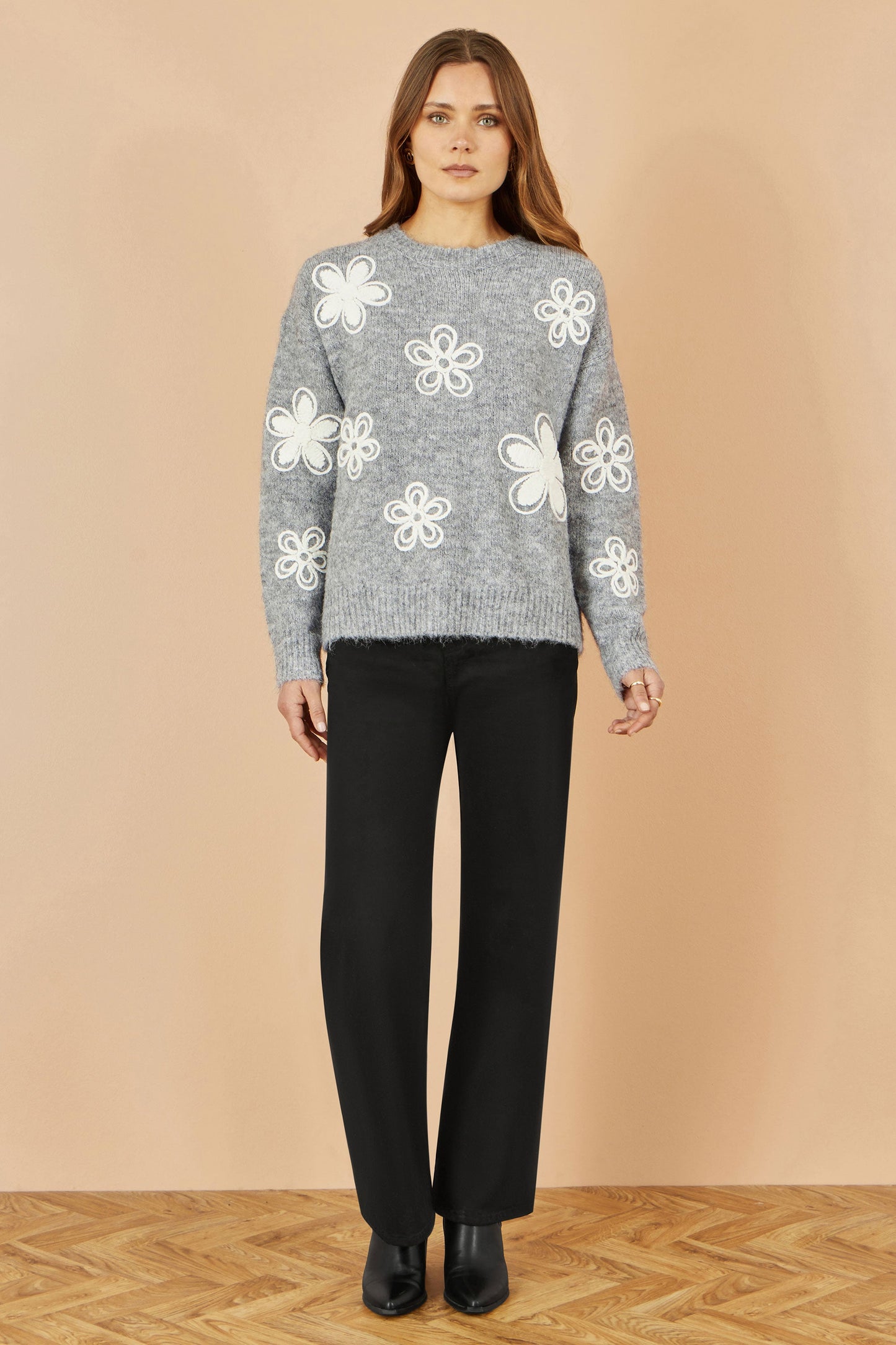 Yumi Grey Relaxed Jumper With Crochet Flowers