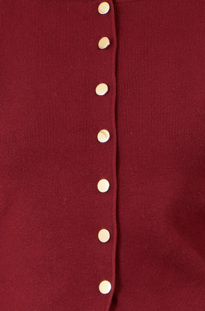 Yumi Burgundy Knitted Fitted Button Down Peplum Cardigan