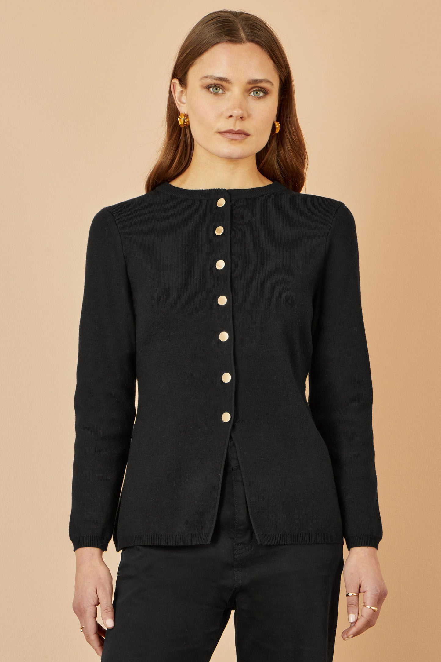 Yumi Black Knitted Fitted Button Down Peplum Cardigan