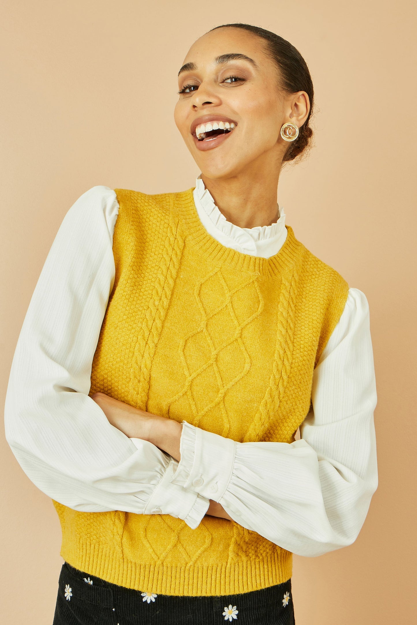 Yumi Mustard Cable Knit Sleeveless Jumper