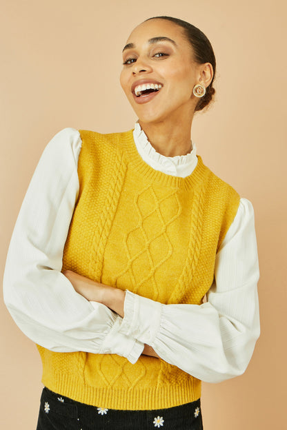 Yumi Mustard Cable Knit Sleeveless Jumper