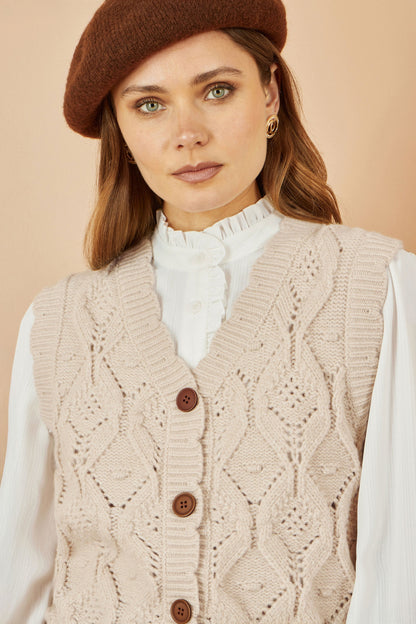 Yumi Oatmeal Button Up Chunky Cable Knit Waistcoat