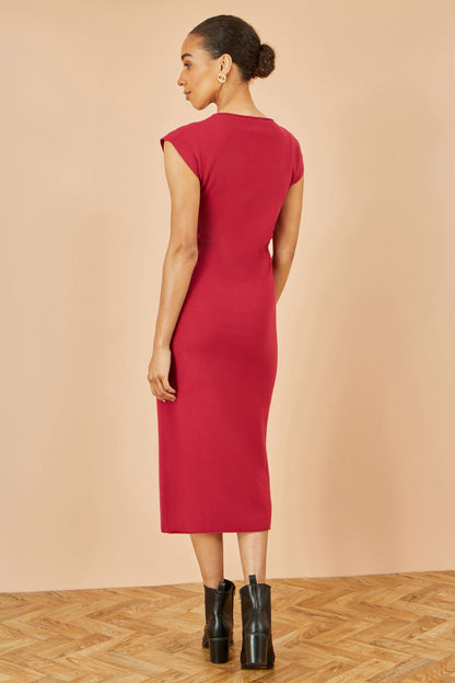 Yumi Burgundy Knitted Ruched Midi Dress