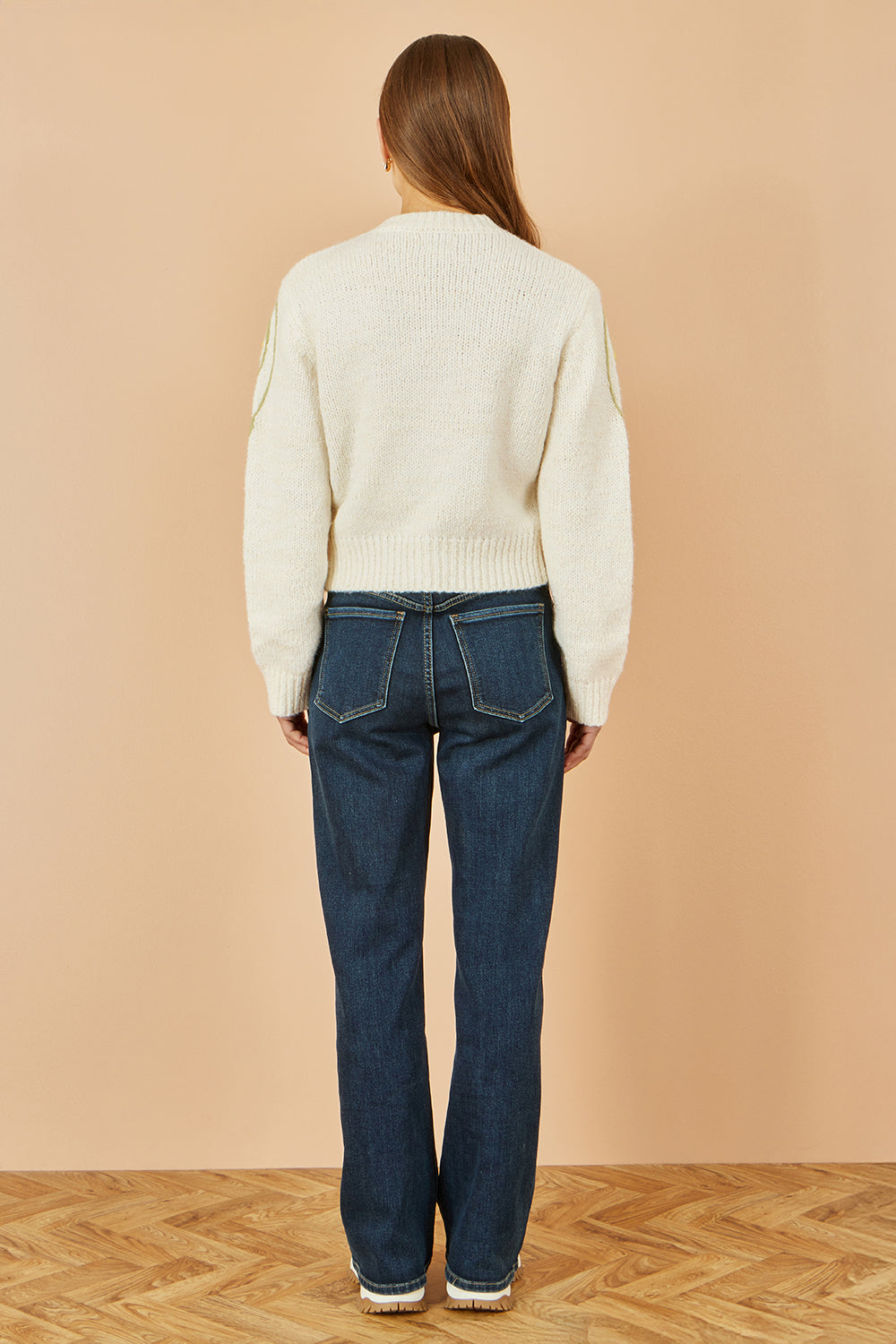 Yumi Beige Flower Embroidered Chunky Knit Cardigan