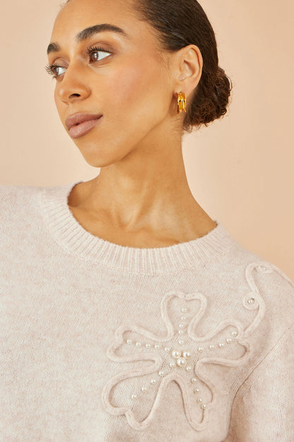 Yumi Oatmeal Knitted Jumper With Floral Applique