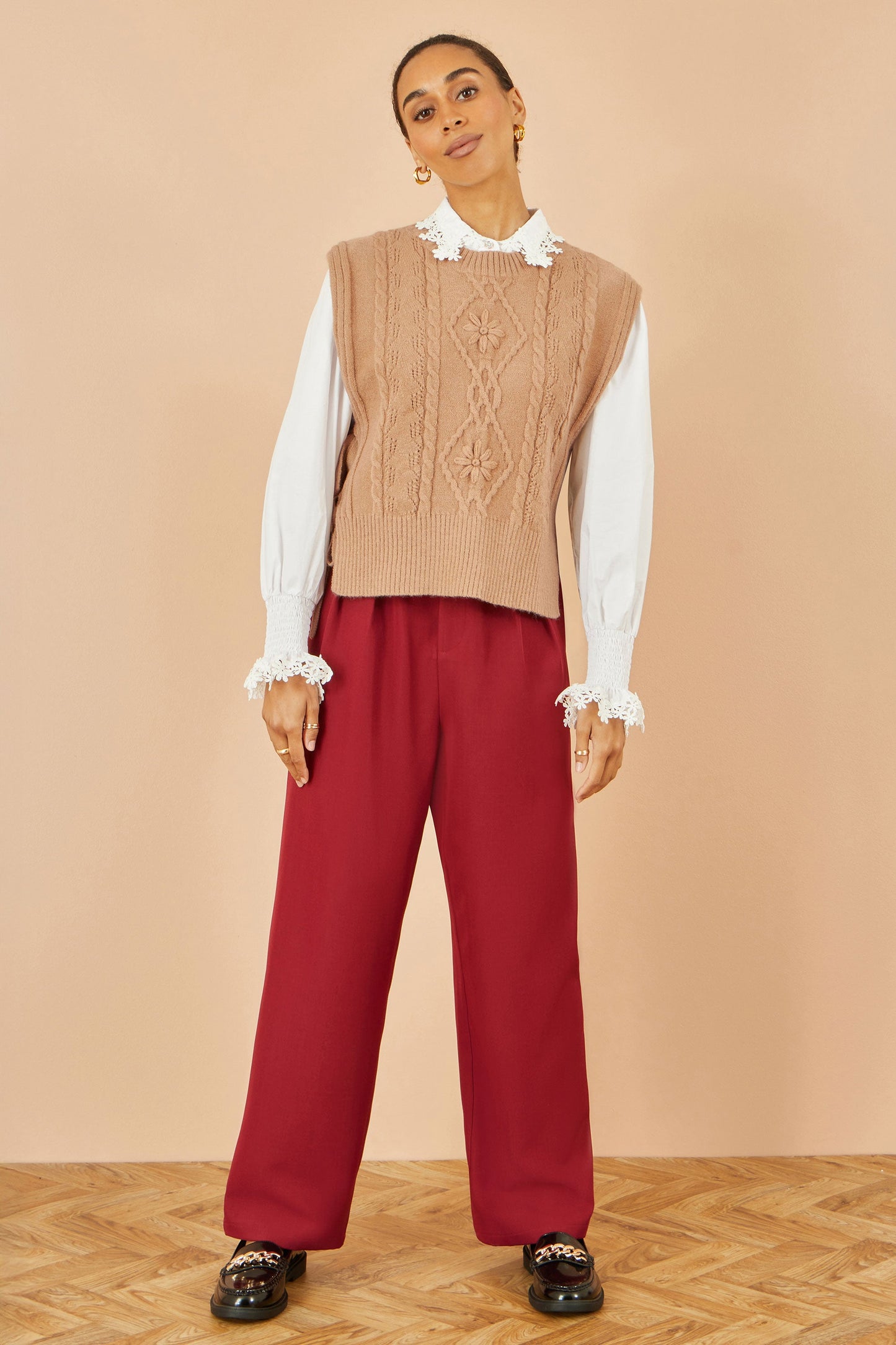 Yumi Camel Flower Cable Knit Tie Side Pullover