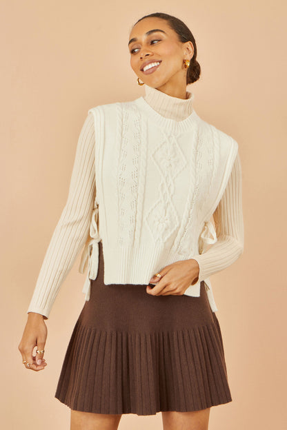 Yumi Ivory Flower Cable Knit Tie Side Pullover