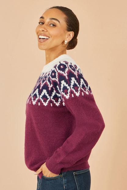 Yumi Burgundy Fair isle Relaxed Fit Knitted Jumper