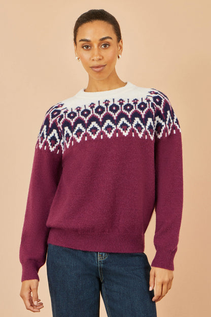 Yumi Burgundy Fair isle Relaxed Fit Knitted Jumper