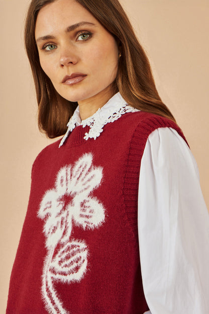 Yumi Burgundy Knitted Flower Sleeveless Jumper Vest