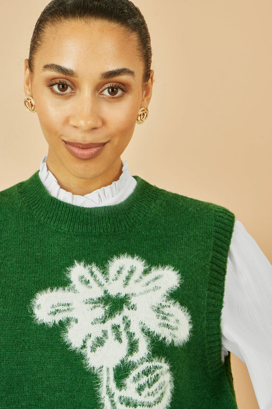 Yumi Green Knitted Flower Sleeveless Jumper Vest
