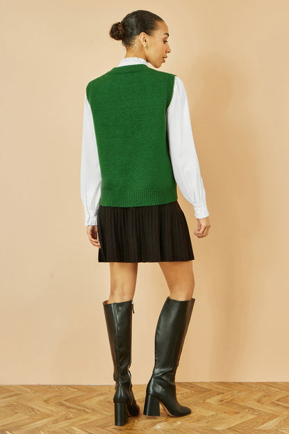 Yumi Green Knitted Flower Sleeveless Jumper Vest