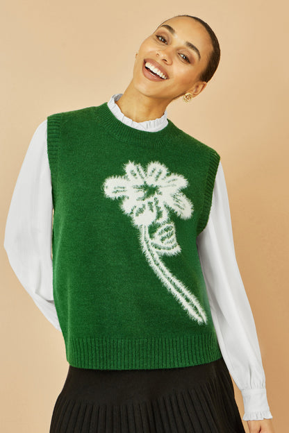 Yumi Green Knitted Flower Sleeveless Jumper Vest