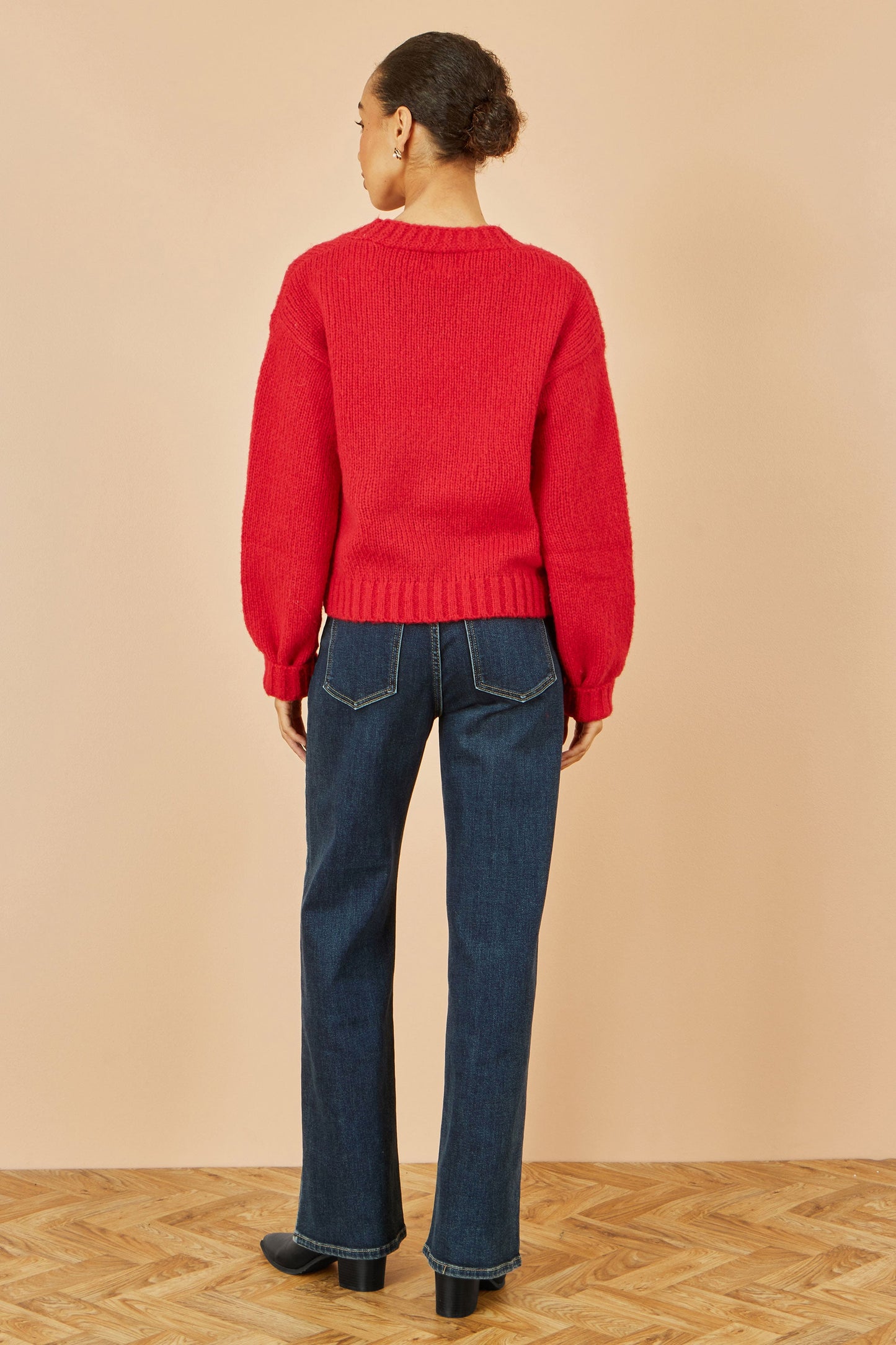 Yumi Red Hand Embroidered Chunky Knitted Cardigan