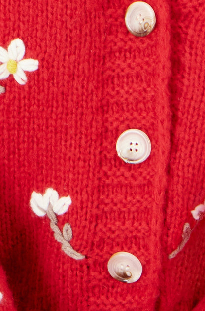Yumi Red Hand Embroidered Chunky Knitted Cardigan