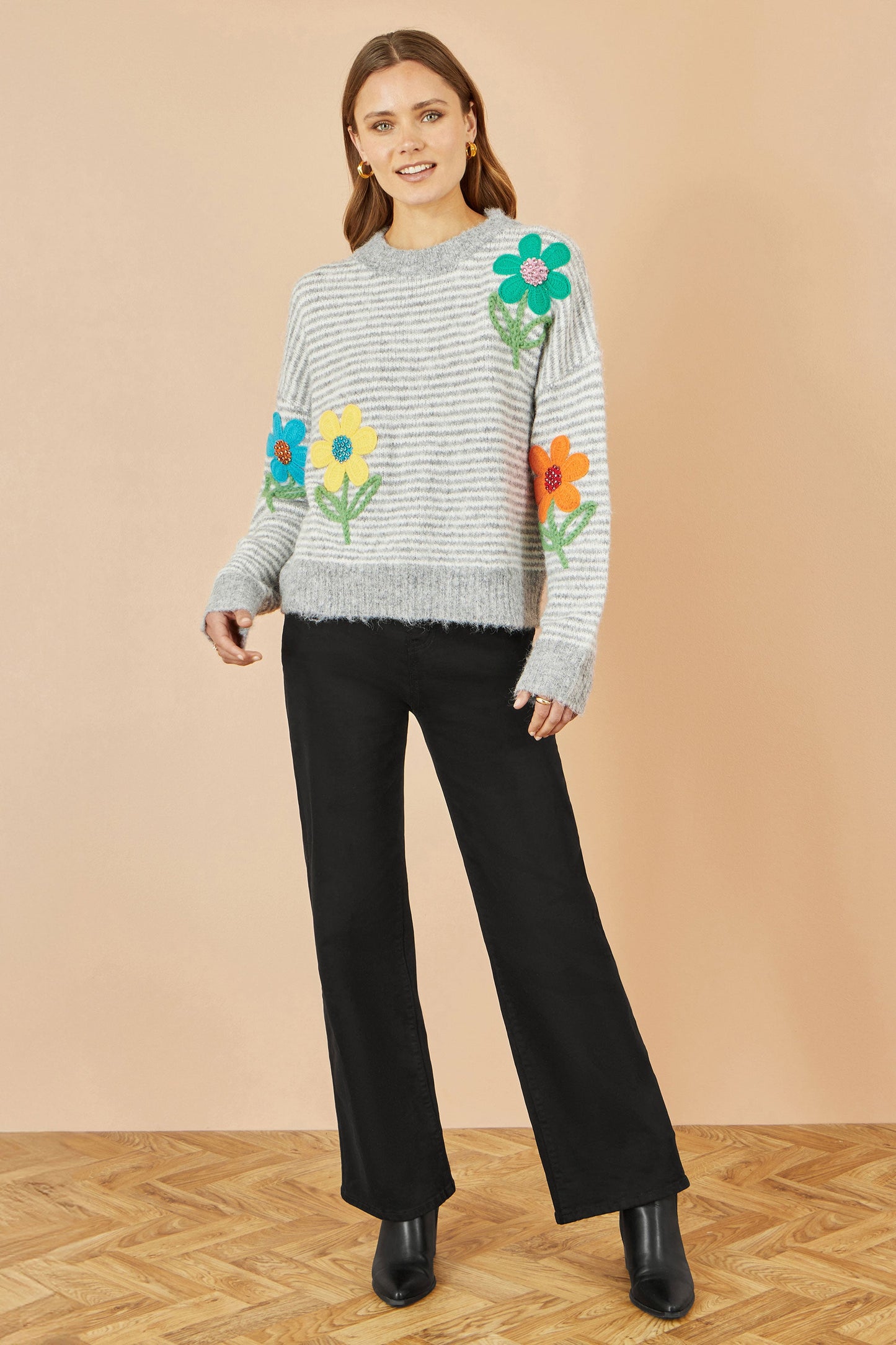 Yumi Grey Striped Relaxed Fit Jumper With Flowers