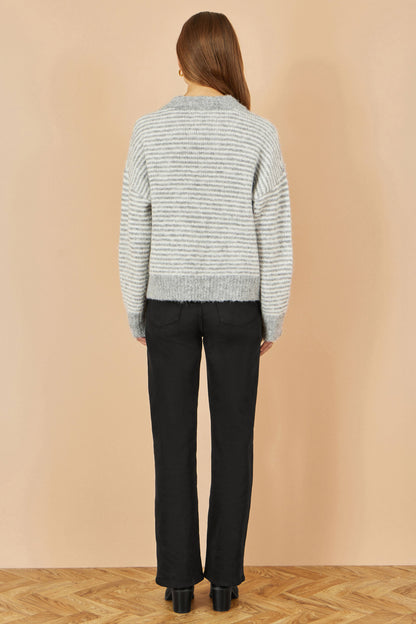Yumi Grey Striped Relaxed Fit Jumper With Flowers