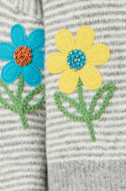 Yumi Grey Striped Relaxed Fit Jumper With Flowers