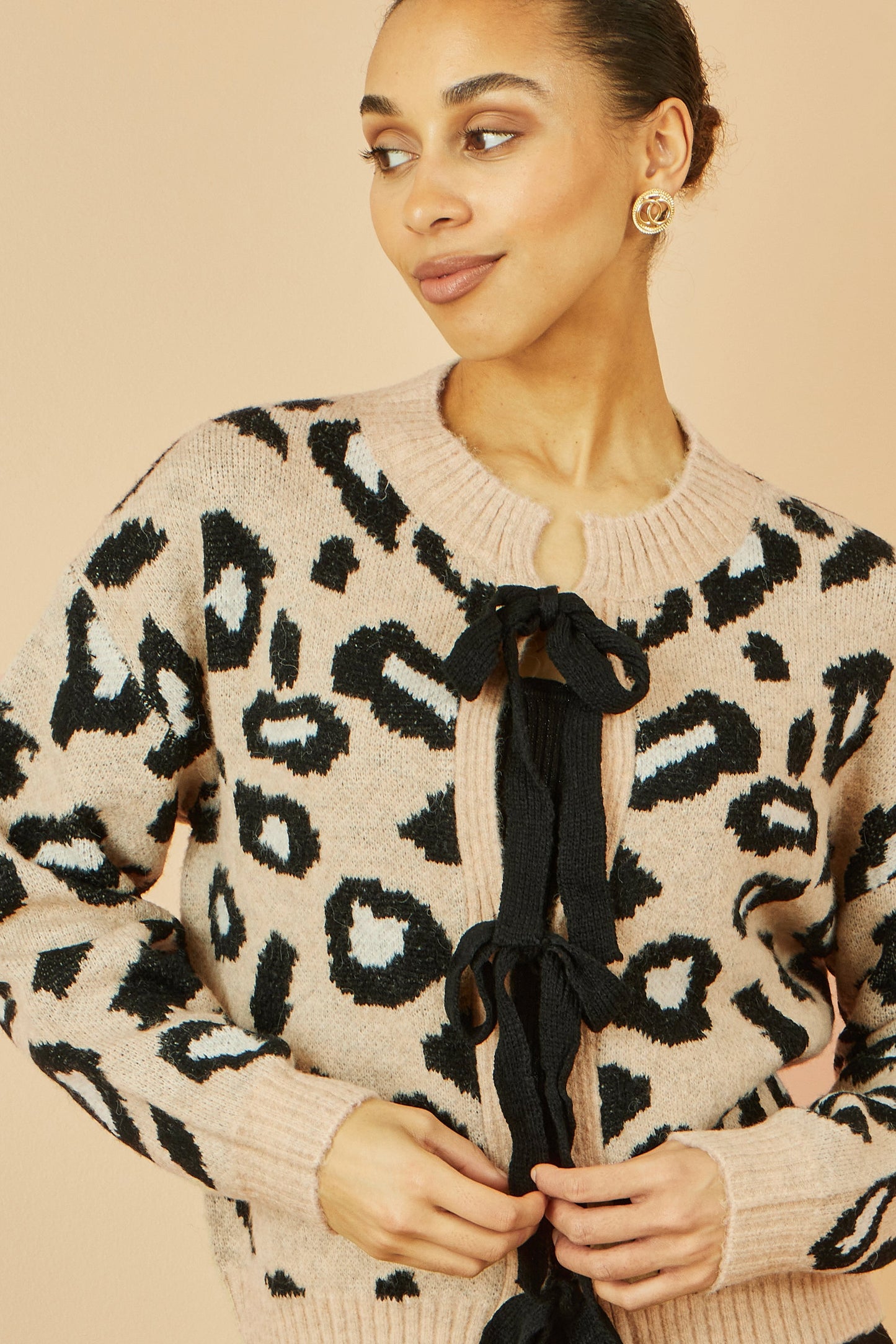 Yumi Beige Animal Print Intarsia Tie Front Cardigan
