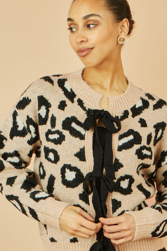 Yumi Beige Animal Print Intarsia Tie Front Cardigan