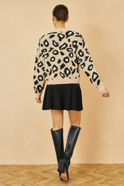 Yumi Beige Animal Print Intarsia Tie Front Cardigan