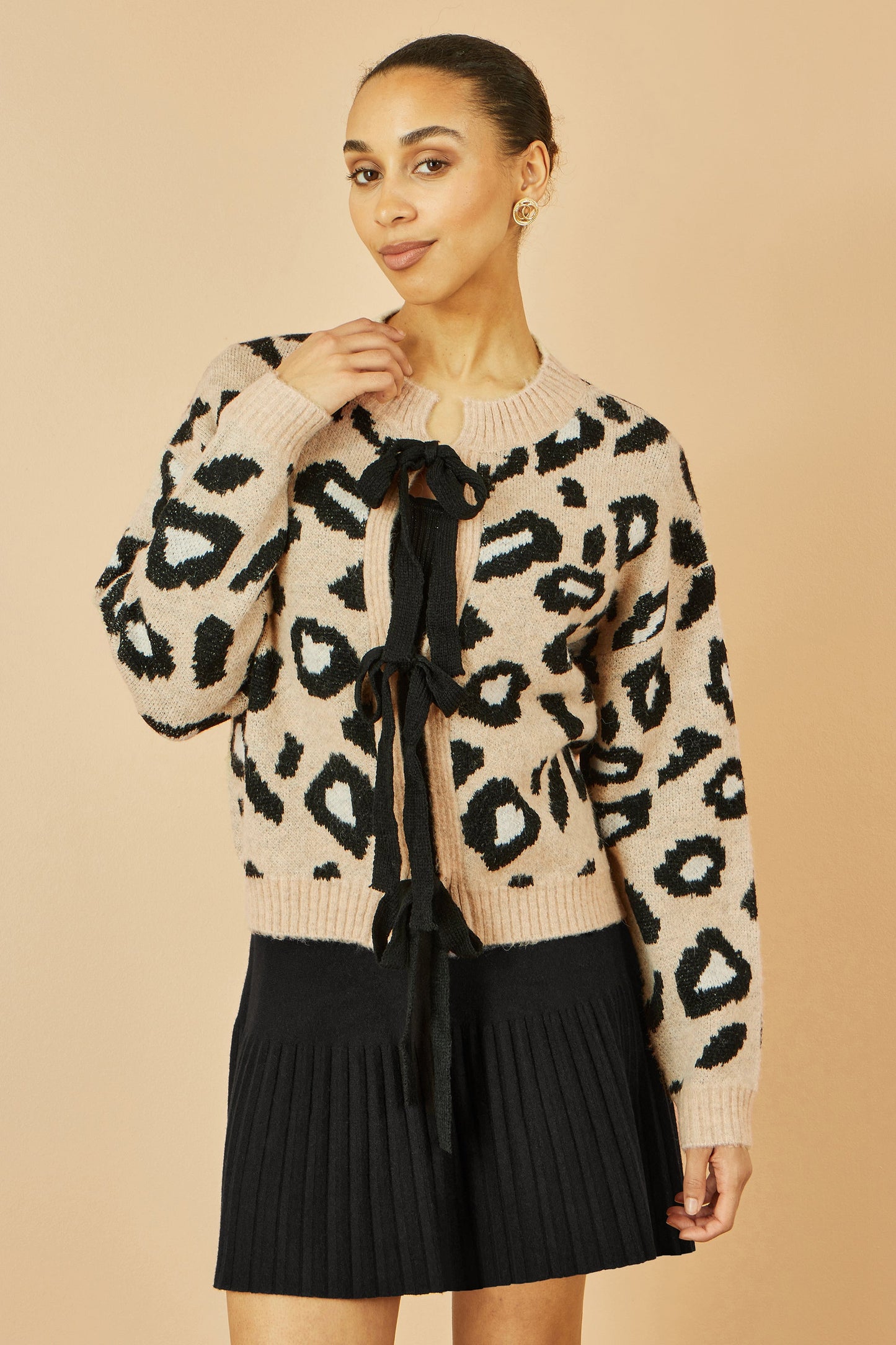 Yumi Beige Animal Print Intarsia Tie Front Cardigan