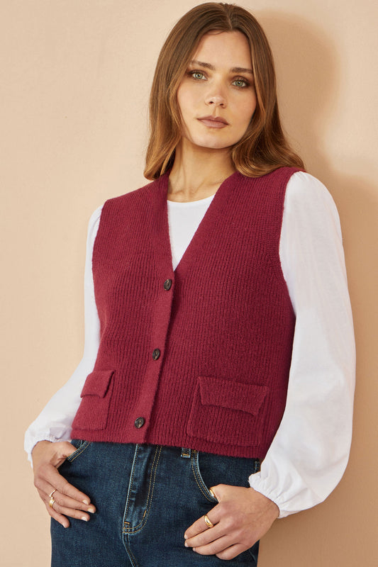 Yumi Burgundy Knitted Pullover Waistcoat
