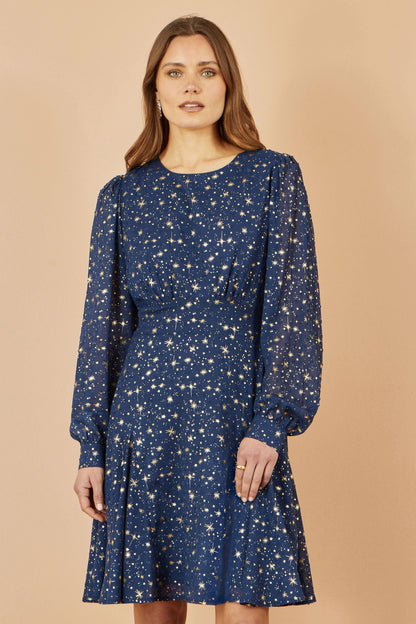 Yumi Navy Star Print Foil Long Sleeve Dress