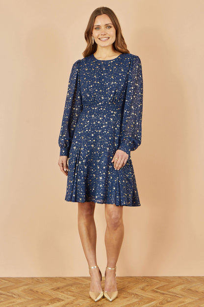 Yumi Navy Star Print Foil Long Sleeve Dress