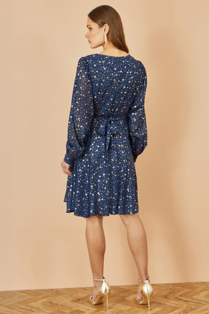 Yumi Navy Star Print Foil Long Sleeve Dress