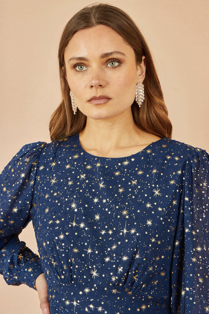 Yumi Navy Star Print Foil Long Sleeve Dress