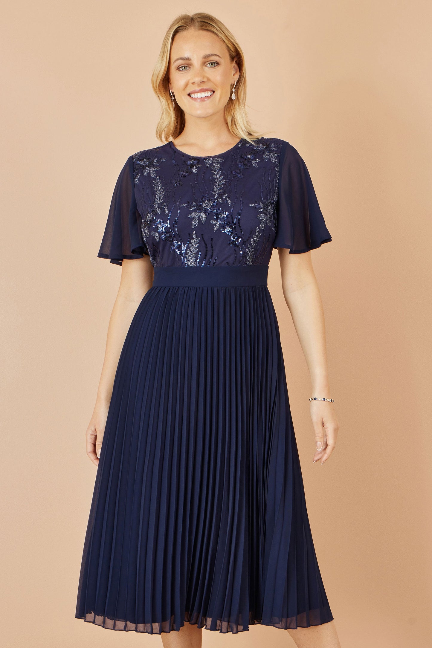 Yumi Navy Sequin Embellished Panel Pleated Midi Dress