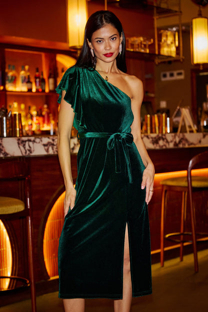 Yumi Green Velvet Frill One Shoulder Midi Dress With Split Hem