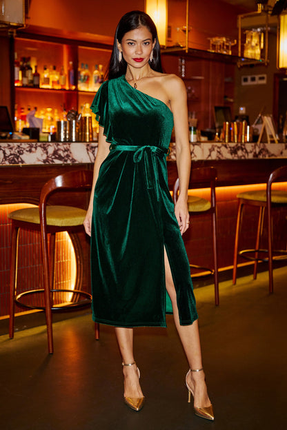 Yumi Green Velvet Frill One Shoulder Midi Dress With Split Hem