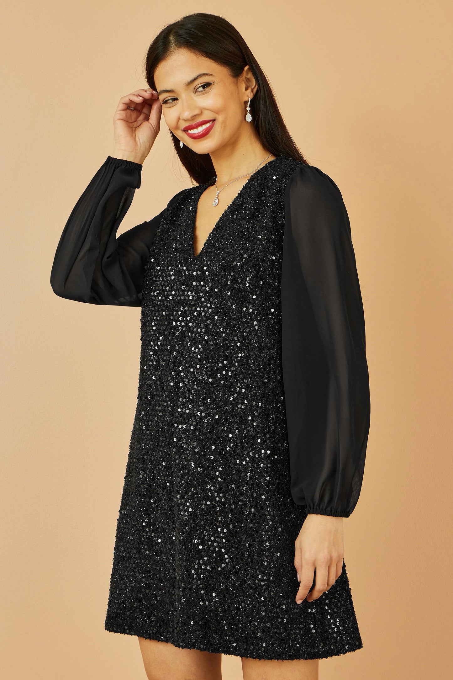 Yumi Black Sequin Tunic With Tie Back And Sheer Sleeves