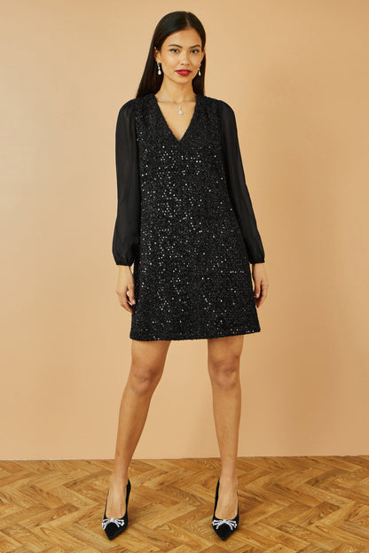 Yumi Black Sequin Tunic With Tie Back And Sheer Sleeves