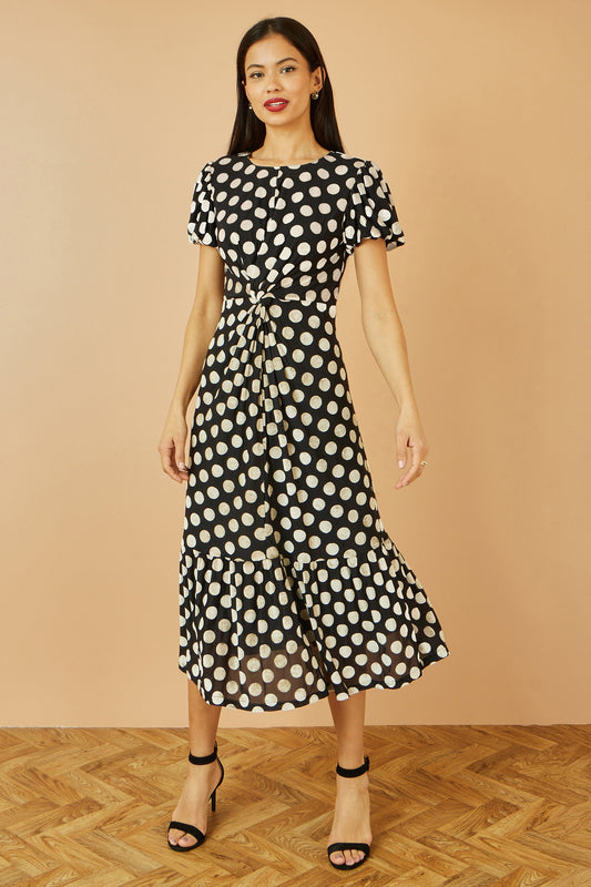 Yumi Black Velvet Spot Print Twist Knot Waist Midi Dress