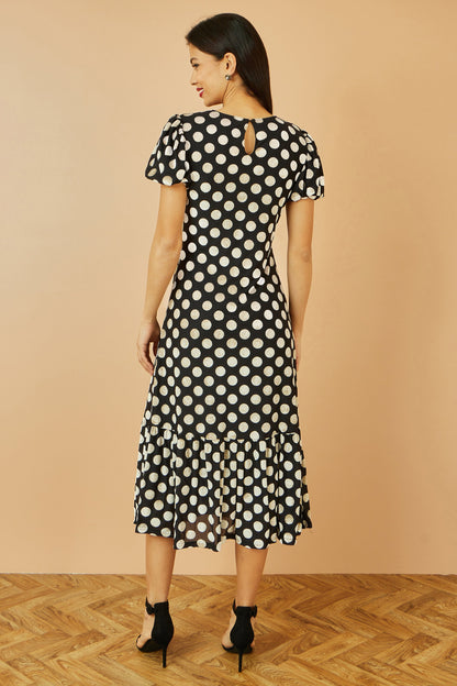 Yumi Black Velvet Spot Print Twist Knot Waist Midi Dress