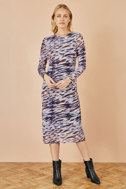 Yumi Multicolour Abstract Stripe Ruched Bodycon Midi Dress