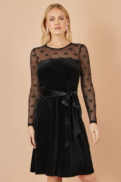 Yumi Black Velvet Skater Dress With Mesh Bow Sleeves