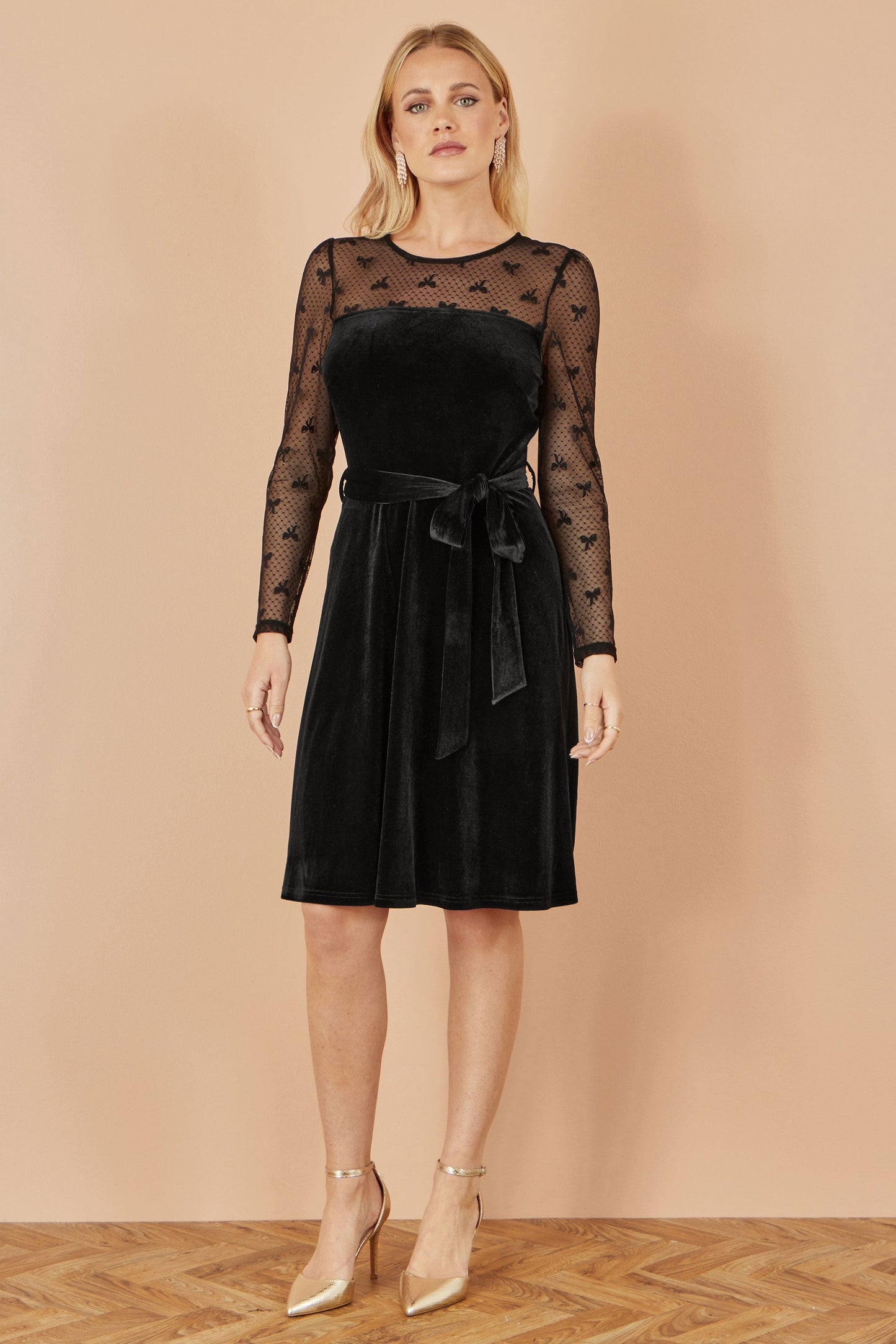 Yumi Black Velvet Skater Dress With Mesh Bow Sleeves