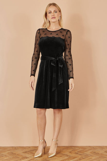 Yumi Black Velvet Skater Dress With Mesh Bow Sleeves