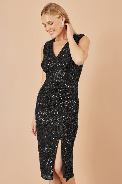 Yumi Black Sequin Fitted Wrap Dress With Split Hem