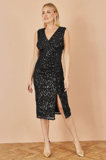 Yumi Black Sequin Fitted Wrap Dress With Split Hem