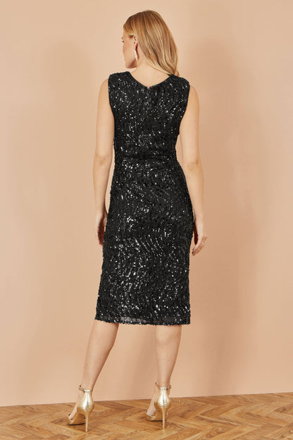Yumi Black Sequin Fitted Wrap Dress With Split Hem