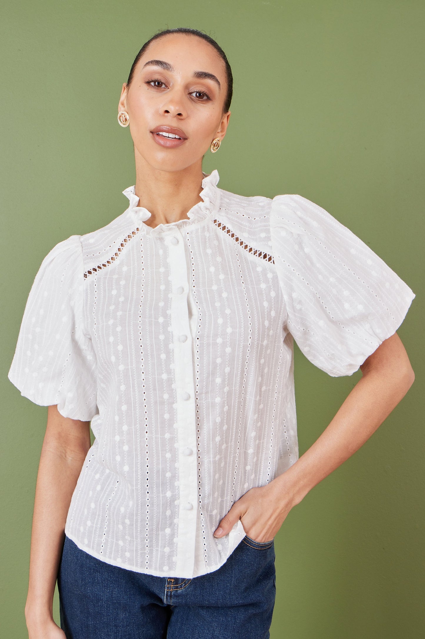 Yumi White Broderie Anglaise Puff Sleeve Shirt