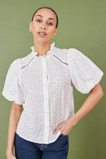 Yumi White Broderie Anglaise Puff Sleeve Shirt