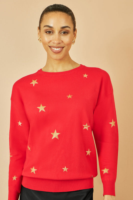 Yumi Red Gold Foil Star Print Relaxed Fit Jumper